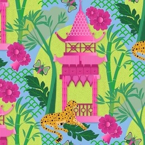 Chinoisierie inspired / Pink pagoda / blue background