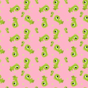 Cute green dinos on pink background