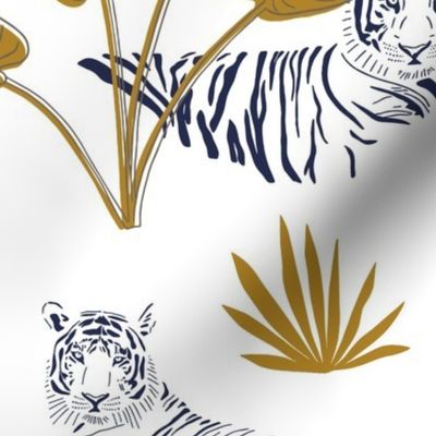 Tiger Vogue Bold Scandinavian Medium - Animal Prints, Safari, Tiger Stripes, Style, Glamour, Fashion, Jungle, Plants, Monstera Leaves, Botanical, Wallpaper, Home Decor, Blue, Green, Grey, Metallic