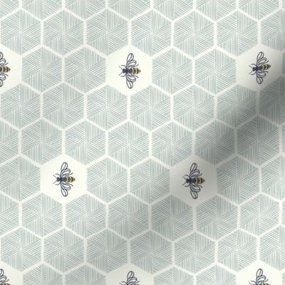Bees Stitched Honeycomb - Medium - ROTATED - Light Blue - 