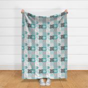 rotated teal owl wholecloth 4 inch blocks