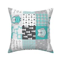 rotated teal owl wholecloth 4 inch blocks