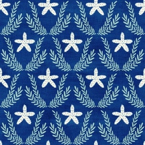 White Starfishes & Dusty Blue Seaweed (classic blue) medium 