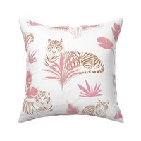 Tiger Vogue Summer Pink & Brown Medium - Animal Prints, Safari, Tiger Stripes, Jungle, Plants, Monstera Leaves, Botanical, Bright, Contemporary, Modern, Wallpaper, Home Decor