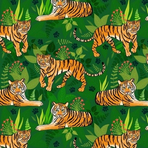 Tigers on emerald green 