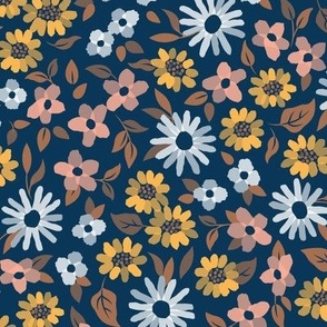 Painterly Autumn Floral - navy blue - large scale