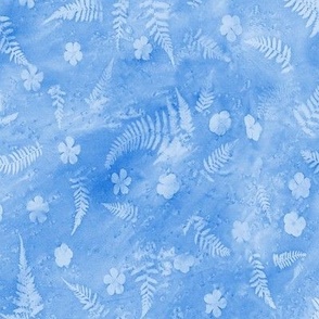 Fern and Flower Sunprints on Cornflower Blue