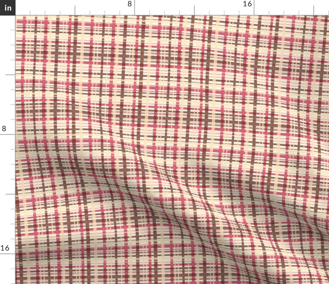 302 $ - Medium scale Wonky plaid in berry pink, chocolate and cream, for apparel and soft furnishings