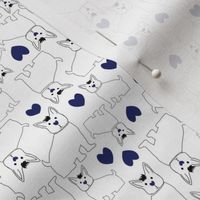 Navy Blue French Bulldogs and Hearts on a White Background