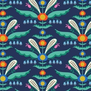 Medium Scandi Folksy Flowers and Gourds in Blue Background