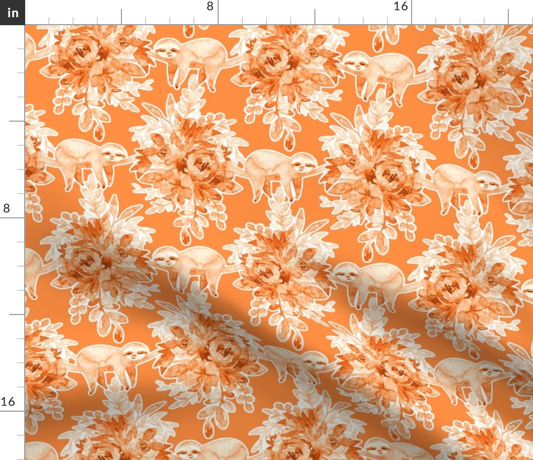 Tangerine Watercolor Floral with Sleepy Sloths