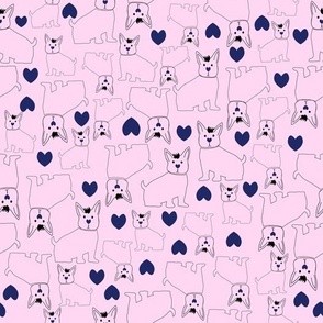 Navy Blue French Bulldogs on a Bright Pink Background Surrounded by Hearts