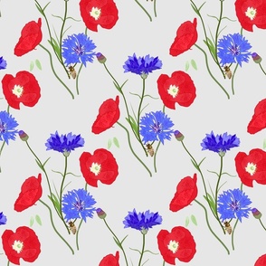 Poppies & Cornflowers - silver grey, medium to large 