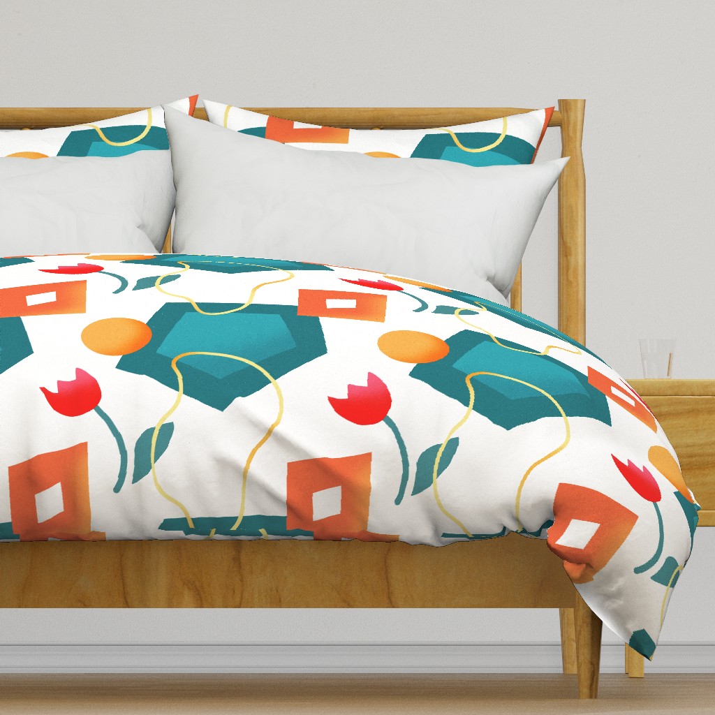 Geometric warm toned shapes with red tulip and teal elements