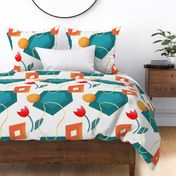 Geometric warm toned shapes with red tulip and teal elements