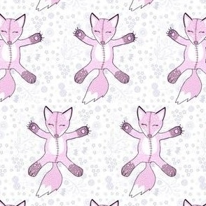 Flowery flying pink fox teddies on white