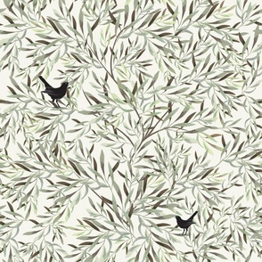 OLIVO - olive branches with blackbirds - green/offwhite