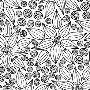 Large scale  elegant white and black floral line art pattern