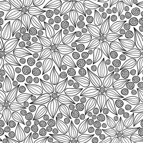medium scale elegant white and black floral line art pattern in 