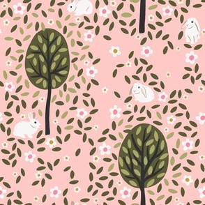 Bunny Garden with Trees - on pink - Large Scale