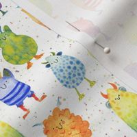 Small - Rainbow Monsters on White with Paint Splatters