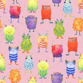 Small - Rainbow Monsters on Pink with splatters