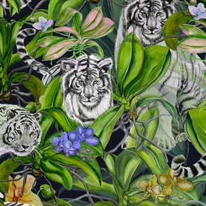 Asian White tigers in an Orchid Jungle of green