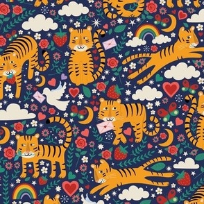 Rainbow Love Tigers - Brights on Navy - Lovecore Kawaii