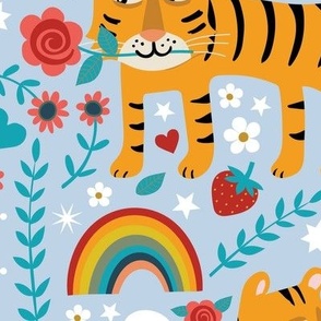 Rainbow Love Tigers - Brights on Fog pale blue - Lovecore Kawaii - Petal Solids Coordinate - Jumbo Scale