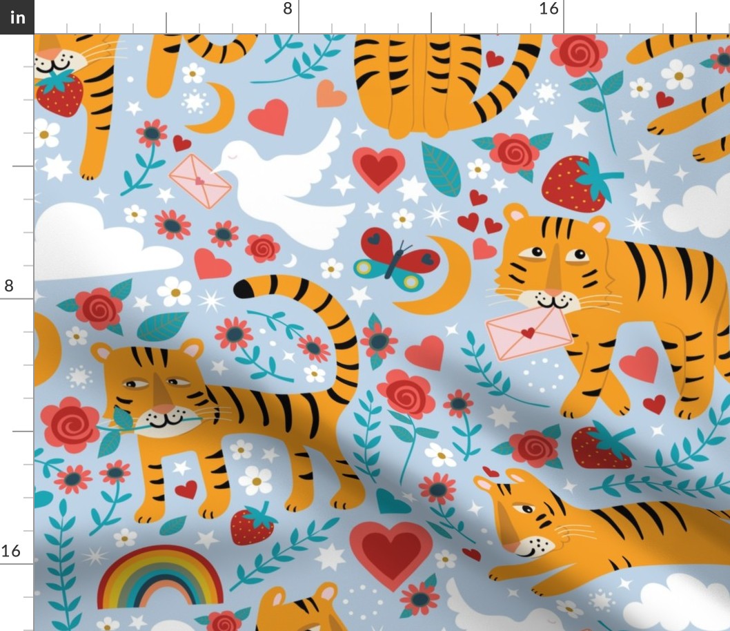 Rainbow Love Tigers - Brights on Fog pale blue - Lovecore Kawaii - Petal Solids Coordinate - Jumbo Scale