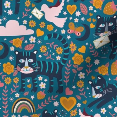 Rainbow Love Tigers - Navy on Teal - Lovecore Kawaii