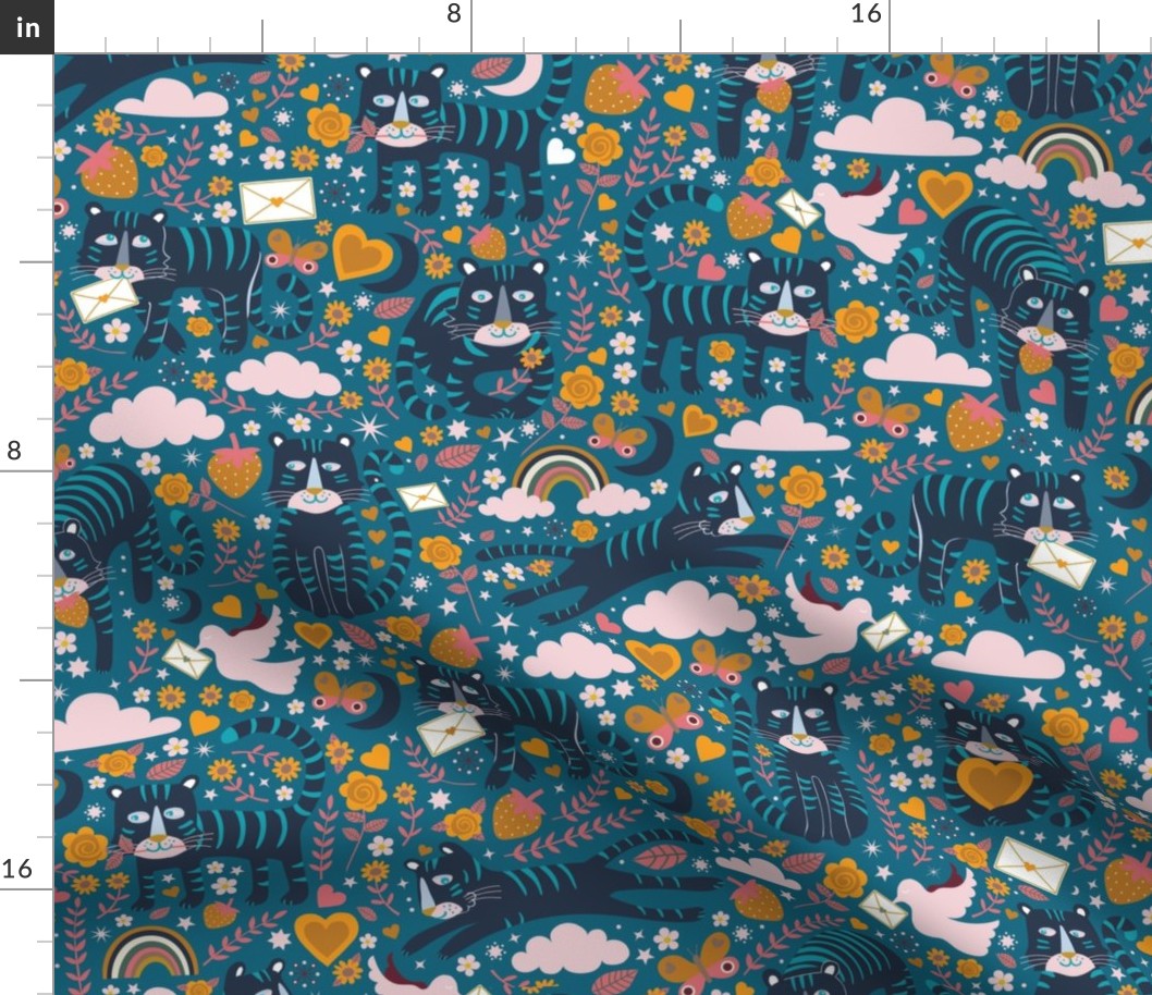 Rainbow Love Tigers - Navy on Teal - Lovecore Kawaii