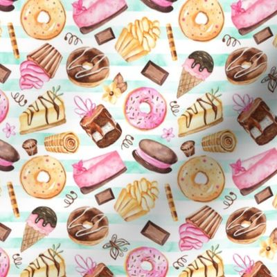 Favorite Desserts (mint stripe) Donuts, Cake, Ice Cream, Chocolate // Sweet Shoppe collection, 9" repeat