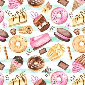 Favorite Desserts (mint stripe) Donuts, Cake, Ice Cream, Chocolate // Sweet Shoppe collection, 12" repeat