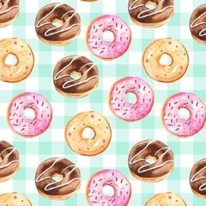 Yummy Donuts (mint gingham check) Frosted Chocolate, Vanilla, Strawberry Donuts // Sweet Shoppe collection, 12" repeat