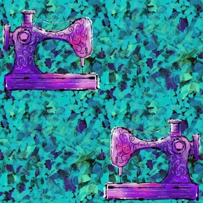 Medium size vintage sewing machines on teal konfetti background