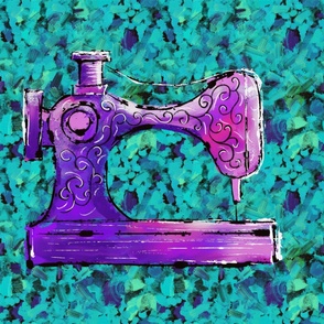 Large  vintage sewing machine  on peacock konfetti  background