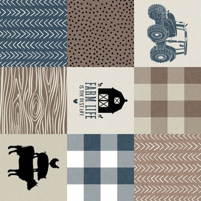 farm life patchwork - denim, brown and tan rotated