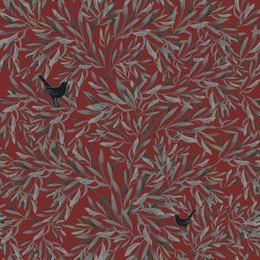 OLIVO - olive branches with blackbirds - green/red