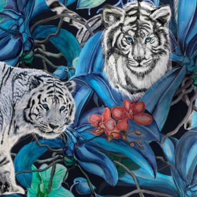 Asian White Tigers in a Jungle of Orchids Blue Waters