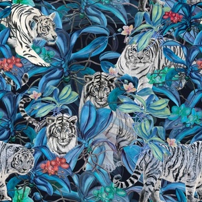 Asian White Tigers in a Jungle of Orchids Blue Waters