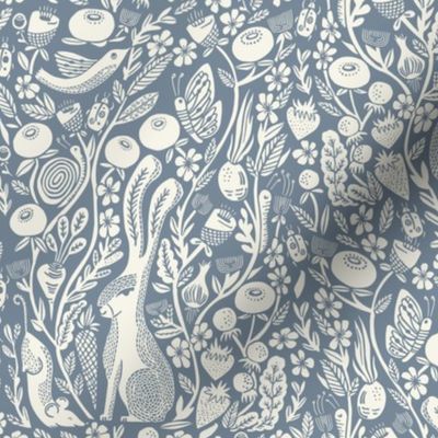 LARGE hare linocut fabric - botanical linocut wood block fabric, block print fabric, andrea lauren design - blue 778899