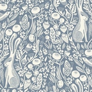 LARGE hare linocut fabric - botanical linocut wood block fabric, block print fabric, andrea lauren design - blue 778899