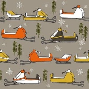 SMALLER snowmobiles fabric // vintage snowmobile illustration, winter outdoors snow fabric by andrea lauren - brown