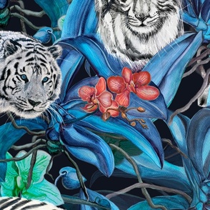 Asian white Tigers in a Jungle of Orchids large scale 