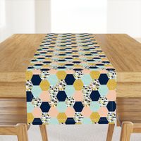 SMALL hexagon quilt top cheater quilt hexagon abstract hexies cheater quilt crib sheet fabric navy blue mint blush