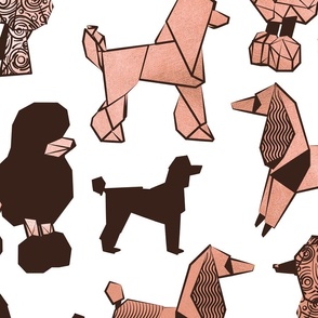 Large jumbo scale // Origami and geometric metallic poodle friends // white background black and metal rose paper dog breeds