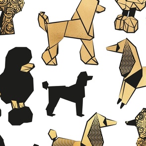 Large jumbo scale // Origami and geometric metallic poodle friends // white background black and metal gold paper dog breeds