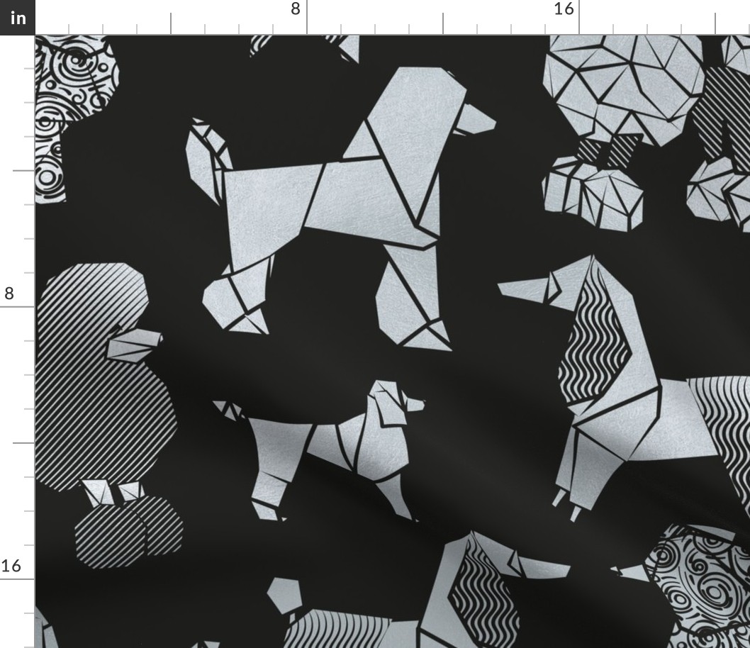 Large jumbo scale // Origami and geometric metallic poodle friends // black background metal silver paper dog breeds