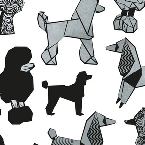 Large jumbo scale // Origami and geometric metallic poodle friends // white background black and metal silver paper dog breeds
